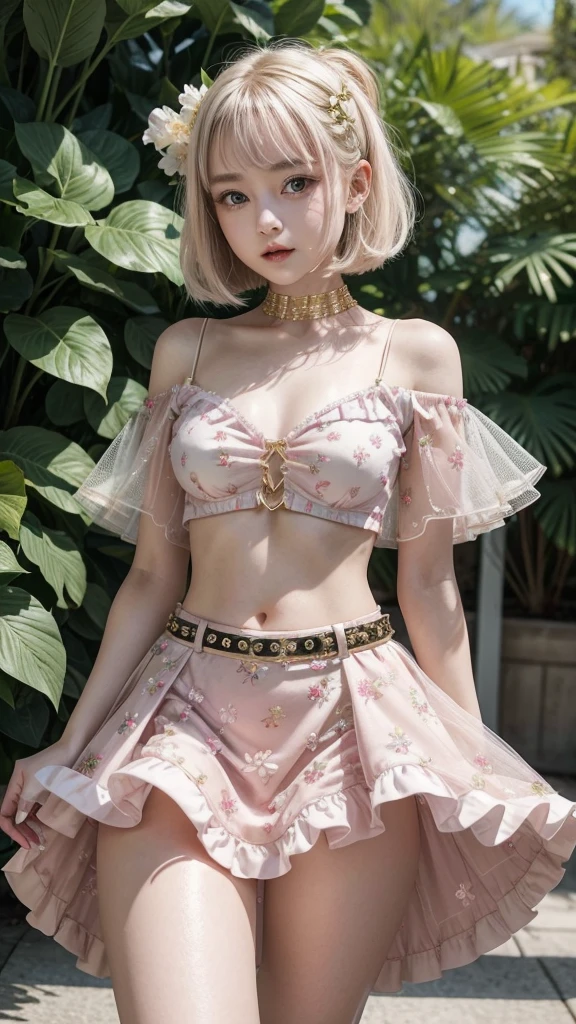 a beautiful 1 girl, masterpiece, best quality, 8k, detailed fingers, precise fingers, not unnatural hands, illustration, 1 girl, solo, pink bob cut, gold crown, flower hair ornament, sagging eyes, red mini skirt, YUI, slender leg, cleavage, cinematic lighting, photorealistic, vibrant colors, highly detailed, intricate details, toned abs