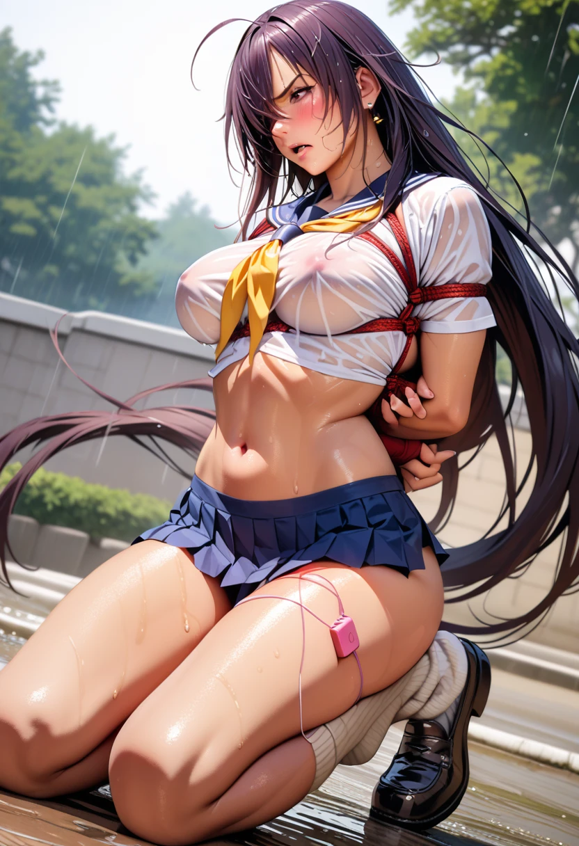 kanu,dark purple hair, hair over one eye, very long hair,school uniform,(no skirt),red fingerless gloves, midriff,navel, loose socks, yellow neckerchief, earrings, loafers,large breasts,perfect hands, perfect finger,perfect anatomy, masterpiece, best quality,realistic, hyperrealistic, 16k hdr,(1 muscular girl:1.2),outdoor,high school,dynamic angle,(strong wind:1.2),(red blush,angry,orgasm:1.2),wet tshirt,(hard rain:1.1),no bra,(erected nipples:0.8),underboob,(kneeling),(shibari,arms behind back:1.3),spread legs,((vibrator in gorgeous panty,cord:1.2))