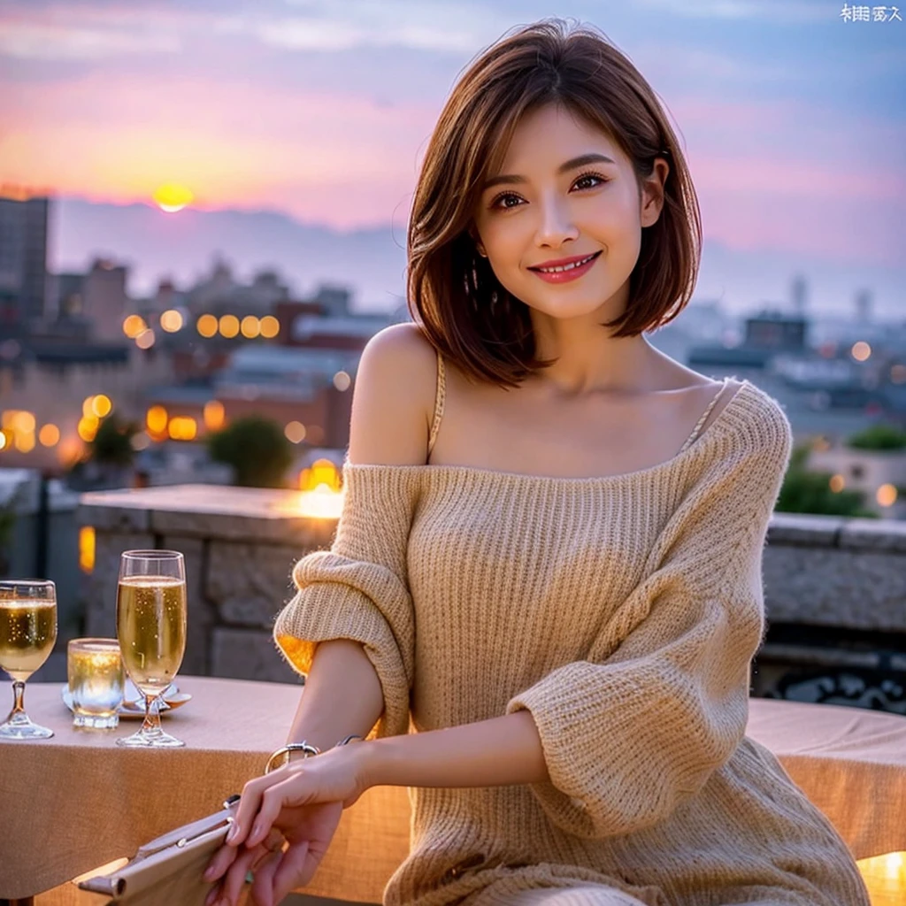 ((Highest quality、8K、masterpiece:1.3))、Shortcuts、cute、slimカップル、modelカップル、actress男優、(Realistic, Intricate details:1.2), full-course dinner、Wine Party、Amazing view of the sunset sky and clouds、A bright smile、short hair,Bright Face、45 years old), 42 years old, red wine 、Appetizers、Italian food、Wine bottle、Champagne、sparkling wine、Two beauties、Brown Hair、Shortcuts、Long sleeve shirt、dress、Beautiful woman 1, (slimな顔), (The body is slim), (Brown Hair), (Shortcuts), cheeks turn a little red,Attractive beauty、restaurant, In a prominent place (From the waist up) Nova Frog Style, actress, model, Upper Body, White wine, slim, wine glass, 中央に置かれたwine glass, smile, (smile: 1.15), Beautiful fine grain, Depth f/2,saturation, High Contrast, Strong light and shadow,Moist Body:1.5、3D texture、Delicate eyes、Brown Hair、The hair is very shiny、