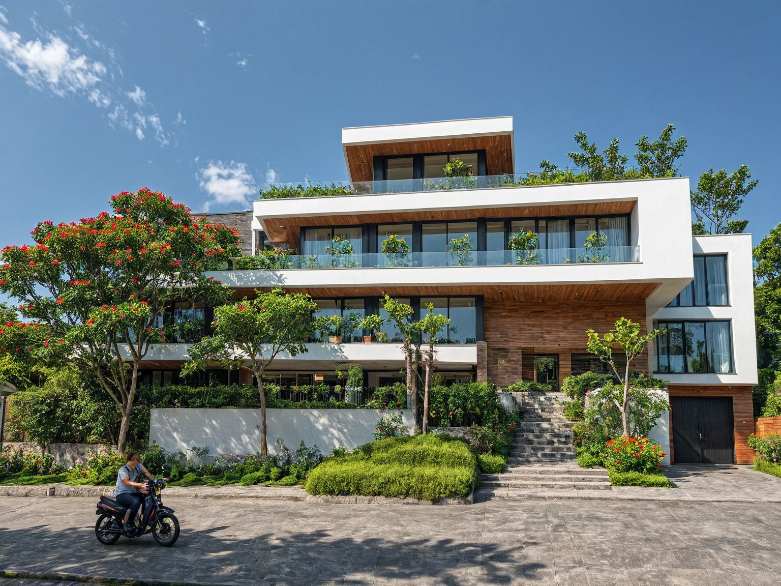 Raw photo,Masterpiece, high quality, best quality, authentic, super detail, exterior, outdoors,A small, one-story house with a white exterior with two prominent archways at the entrance. The house has a red, gabled roof and dark-framed windows. There are several plants near the entrance, including a climbing plant with purple flowers. The steps leading up to the entrance are black, with potted plants on both sides.,pavement, trees, blue sky, (daylight:1.1), ((realistic photo)),(rain:1.3)