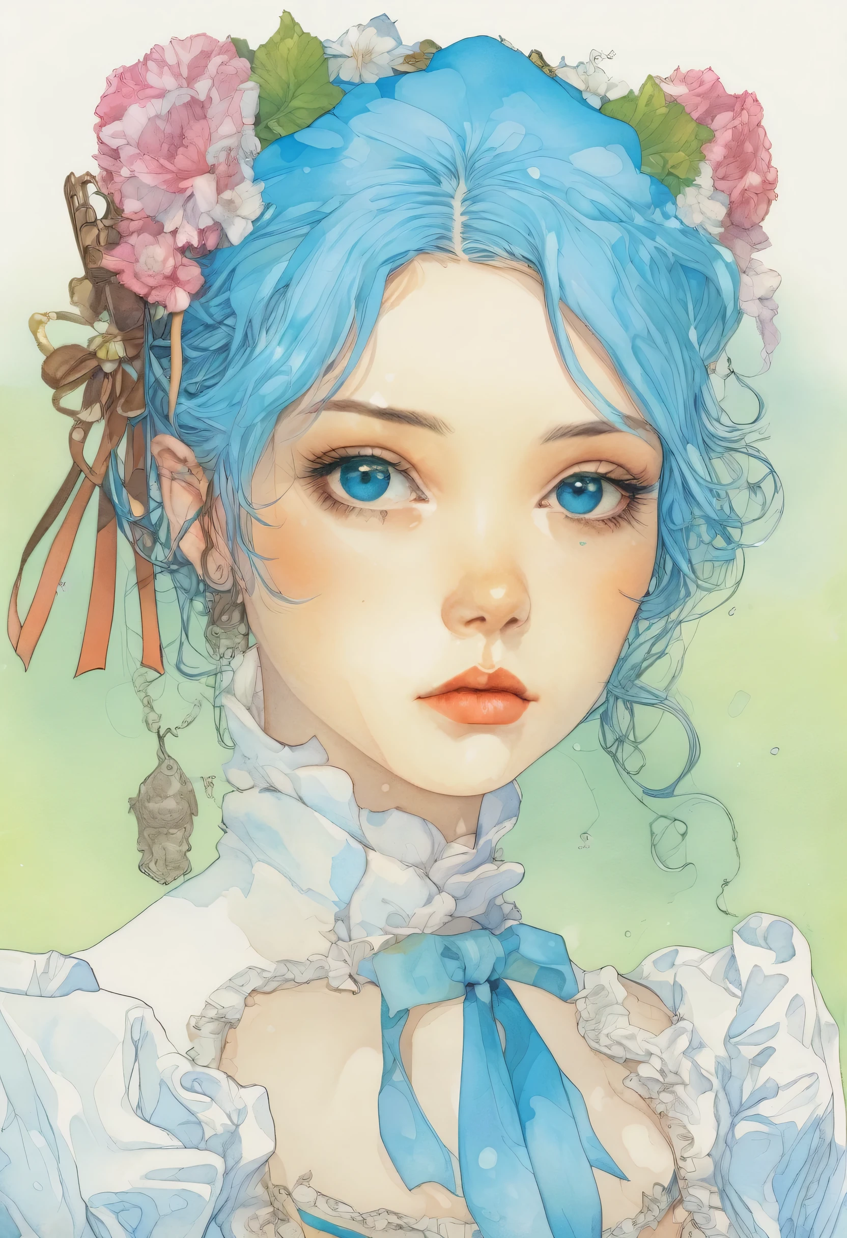 Artwork:Katsuya Terada 8K, High resolution, A complex and intricate masterpiece, (Winter Break:1.4), (Cat and girl:1.1), transparent, Sparkling blue eyes, Blue cat with light green eyes, Medium Shot, Blue Hair, Organic Shapes, Hard Edge, Anatomically correct body, Hyper Real, Cat Elegant,Cinematic Lighting, Very detailed, Vibrant colors, Octane Rendering Cat, Surreal atmosphere, Award-winning works, Bright and rich colors, Rainbow accents, Dramatic Shadows,Dynamic and atmospheric lighting, Anamorphic Lens, Sharp focus,
An exquisite, highly detailed masterpiece by Katsuya Terada, Katsuya Terada Style, Pop Surrealism, watercolor 、blue_eyes,hair_over_one_eye,short_hair,blue_hair,hair_ribbon,horse-drawn carriage_mansion_maid_uniform,