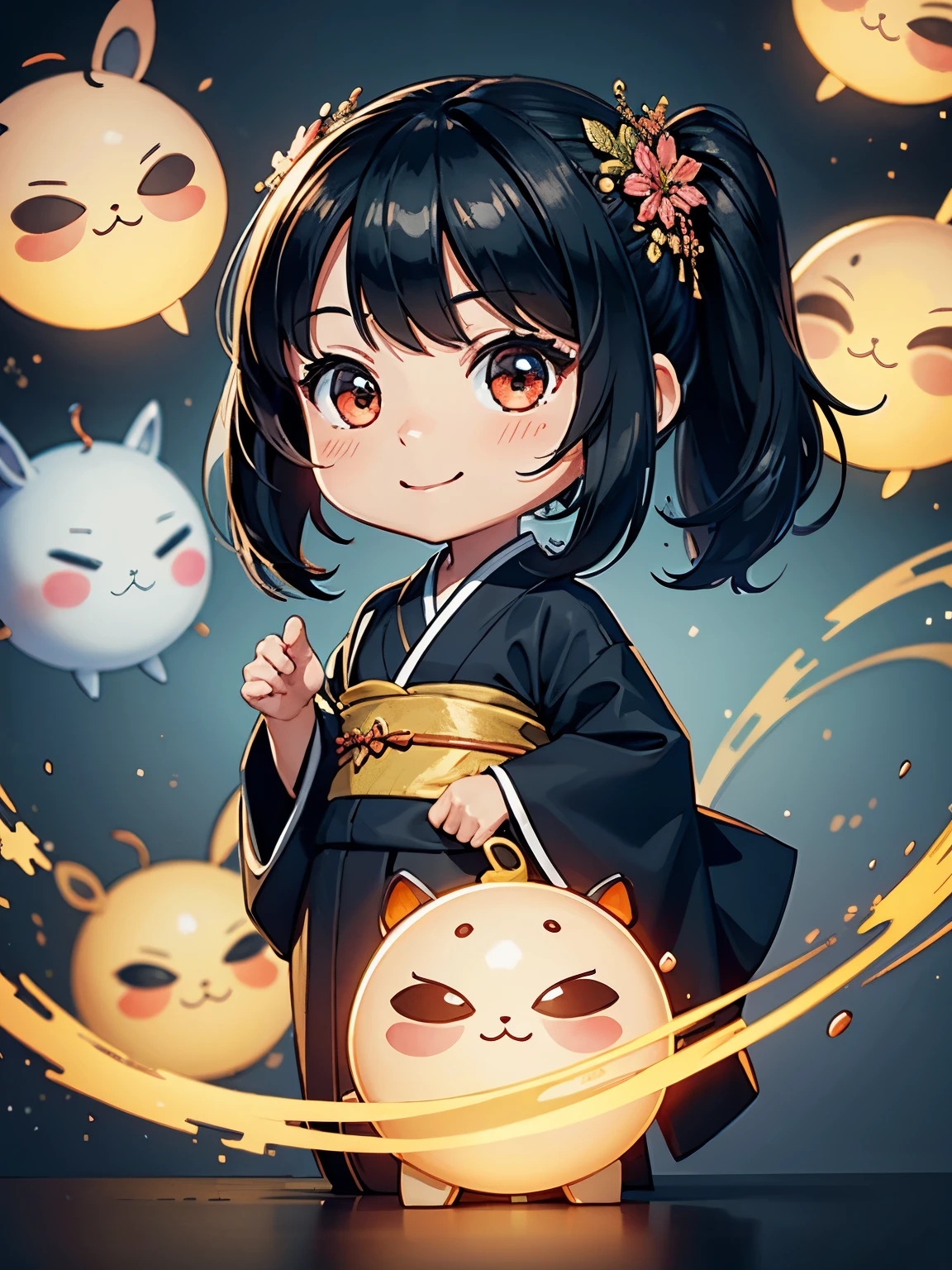 Best Quality, High resolution, Very detailed, Anatomical, Exact ratio, 、Very ，Chibi，, Round face, smile, Healthy Skin, Glowing Skin, Glowing Skin, Black Hair, Full Body Shot, Short kimono，