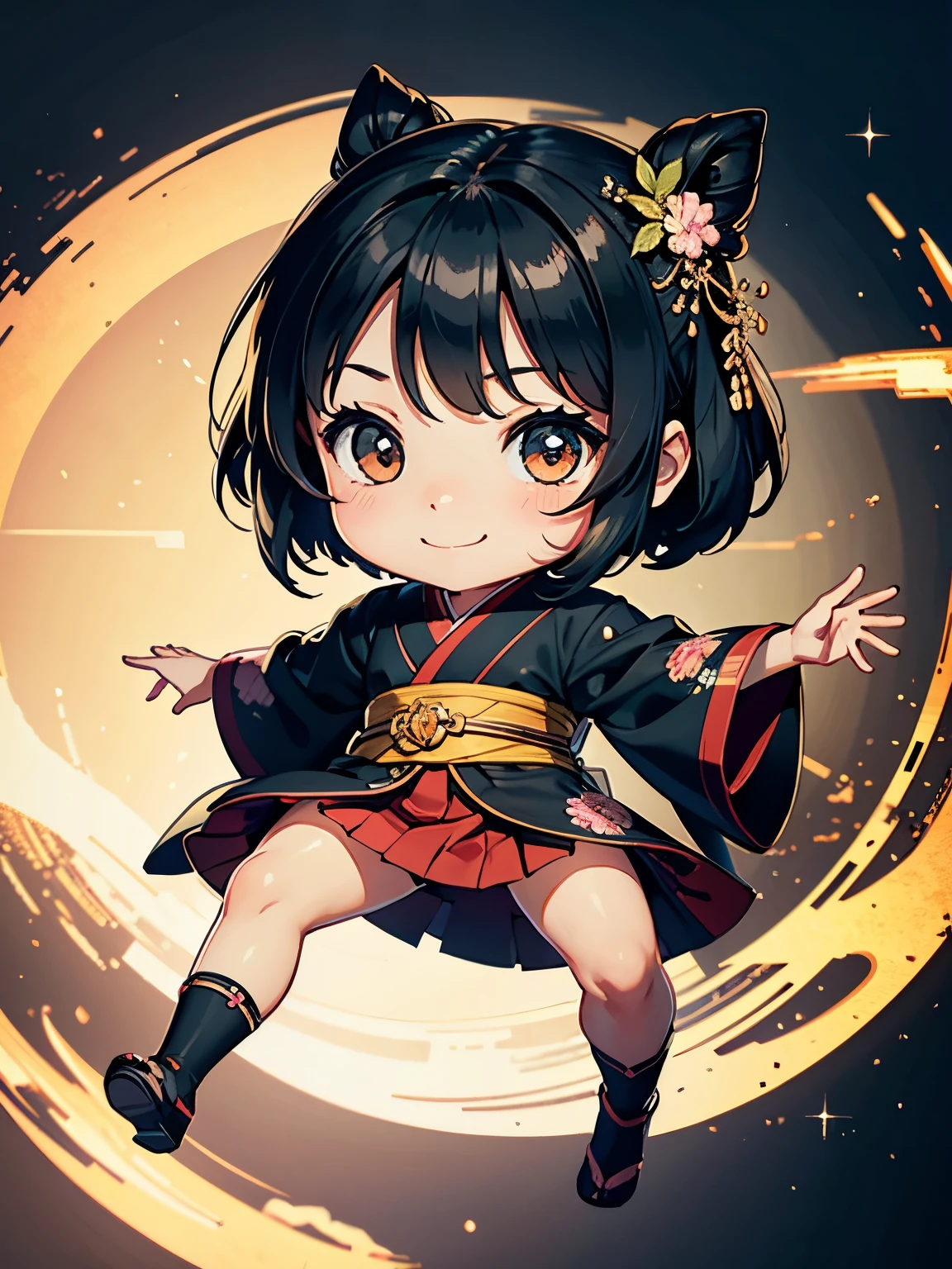 Best Quality, High resolution, Very detailed, Anatomical, Exact ratio, 、Very ，Chibi，, Round face, smile, Healthy Skin, Glowing Skin, Glowing Skin, Black Hair, Full Body Shot, Short kimono，