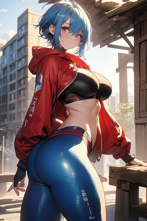 4k, masterpiece, high resolution, 3D art style, 1girl, mature, (short highlight blue hair), slender hips, thick thighs, huge breast, huge round ass, fitness body, outdoor  , SoloHigh Details, Super Detailed, Textured Skin, Super Detailed, High Quality, red sportswear, Hood Down, 