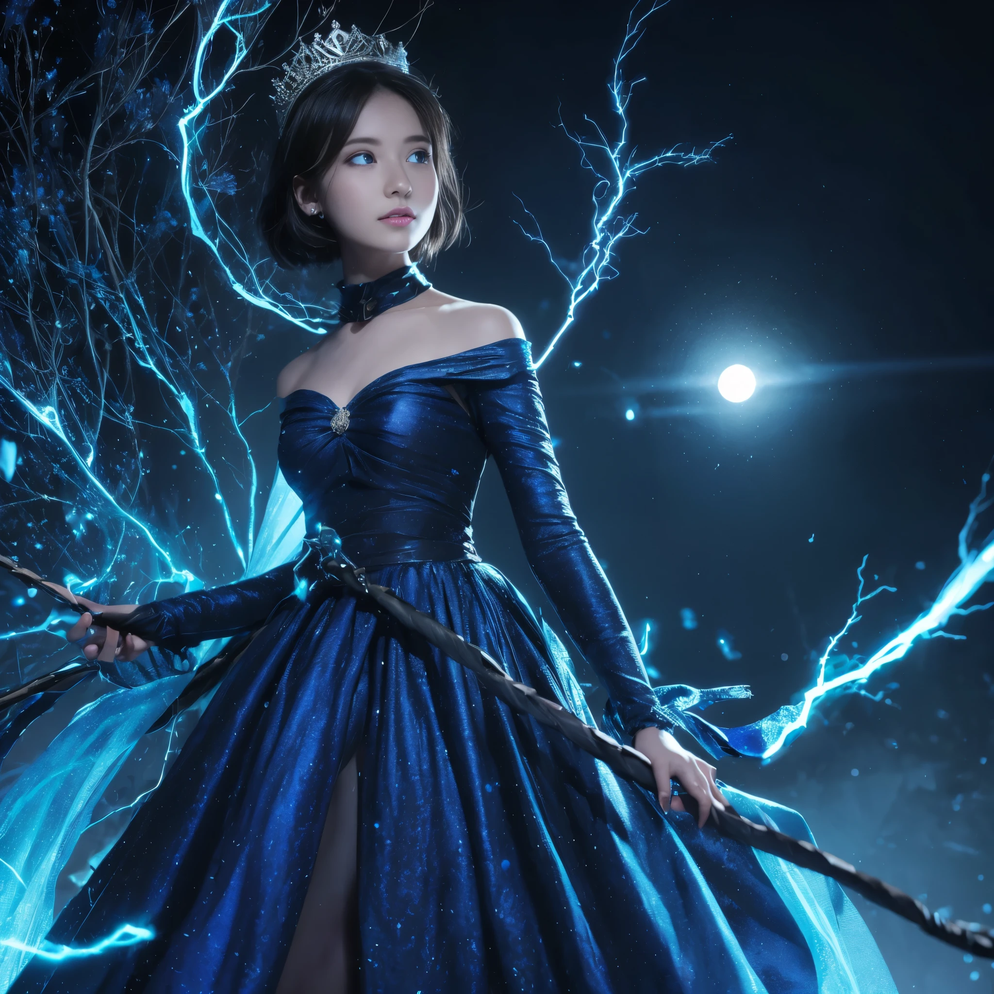 night, ((1 female)), alone, masterpiece, 8K wallpaper, High resolution, absurdres, high quality background, short hair, black hair, multi color hair, beautiful frozen village, (full moon), blue dress, detailed clothing, jewelry dress, (magic】:1.2), blue fire, blue eyes, glowing eyes, fire, Ice Goddess, (Beautiful blue crown), electricity, blue electricity, blue light particles