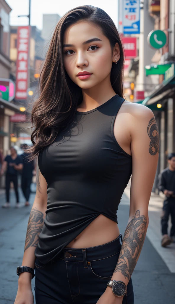 A stunning young korean woman with a bold tattoo on her arm, poses confidently against the vibrant backdrop of a bustling city. Her oval-shaped face is framed by a radiant glow, accentuating her frosty-pink lips and small earrings. Every detail, from the intricate design on her tattoo to the fine lines on her face, exudes high-quality craftsmanship. The photorealistic image captures the essence of urban beauty.