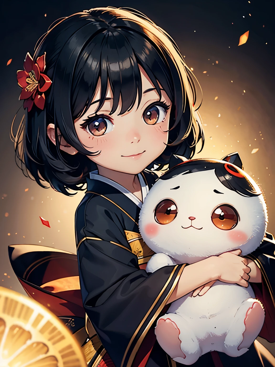 Best Quality, High resolution, Very detailed, Anatomical, Exact ratio, 、Very ，Chibi，, Round face, smile, Healthy Skin, Glowing Skin, Glowing Skin, Black Hair, Full Body Shot, Short kimono，