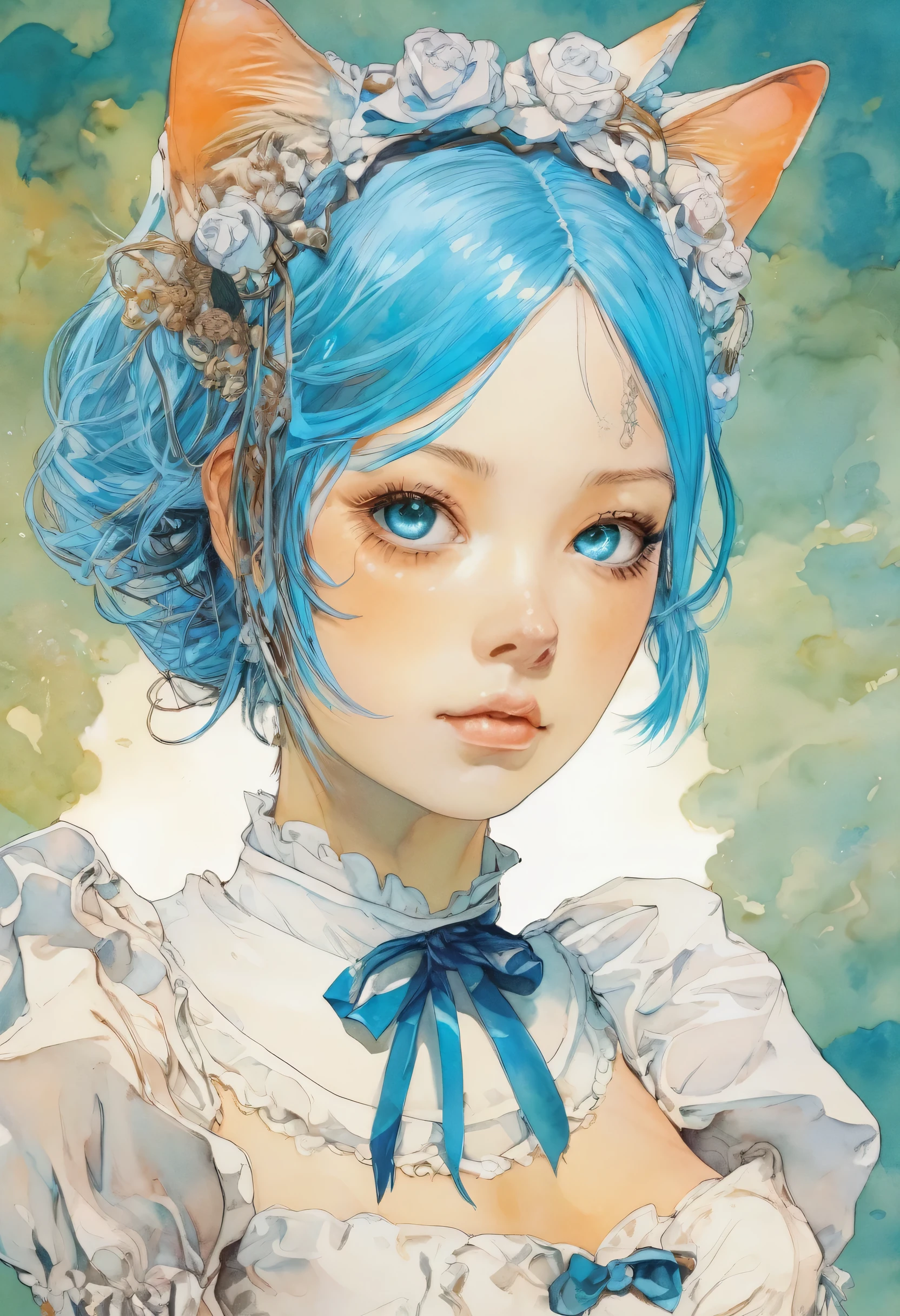 Artwork:Katsuya Terada 8K, High resolution, A complex and intricate masterpiece, (Cat and girl:1.4), Rem、Re:Zero、transparent, Sparkling blue eyes, Blue cat with light green eyes, Medium Shot, Organic Shapes, Hard Edge, Anatomically correct body, Hyper Real, Cat Elegant,Cinematic Lighting, Very detailed, Vibrant colors, Octane Rendering Cat, Surreal atmosphere, Award-winning works, Bright and rich colors, Rainbow accents, Dramatic Shadows,Dynamic and atmospheric lighting, Anamorphic Lens, Sharp focus,
An exquisite, highly detailed masterpiece by Katsuya Terada, Katsuya Terada Style, watercolor 、blue_eyes,hair_over_one_eye,short_hair,blue_hair,hair_ribbon,horse-drawn carriage_mansion_maid_uniform,