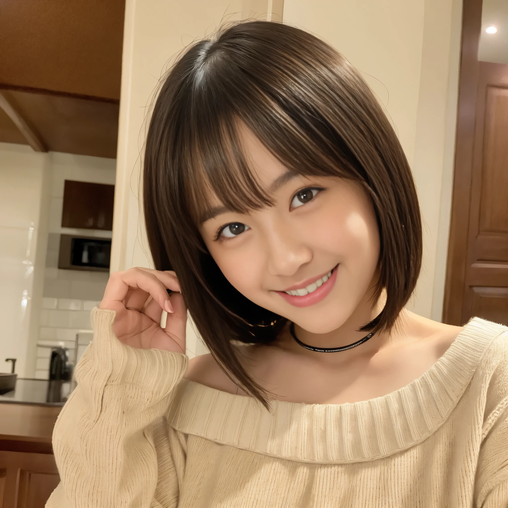 high quality, masterpiece, Ultra-high resolution, Realistic, 1 female, Sloping shoulders, knitting, Smile, Smile, slightly visible, Oversized_sweater, Soft lighting, detailed skin, Bangs, black hair, Clear eyes, short bob, transparency, [Japan, [Korean language, beautiful woman, Upper Eye, Lip Gloss, Black thick choker, teardrop, Mole on chest, Eyes are bright