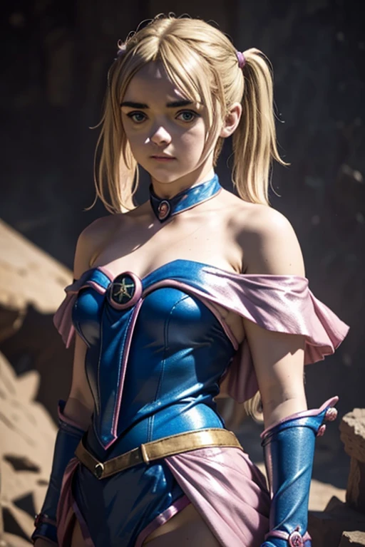 young blonde maisie williams in a dark magician girl costume, (pink and blue outfit, bare shoulders, short outfit, shiny outfit, strapless), (very long hair, blonde hair, straight hair, long_pigtails), posing, neutral_background, (beautiful face, gentle closed-mouth grin), high resolution, female, 4k, cowboy_shot 