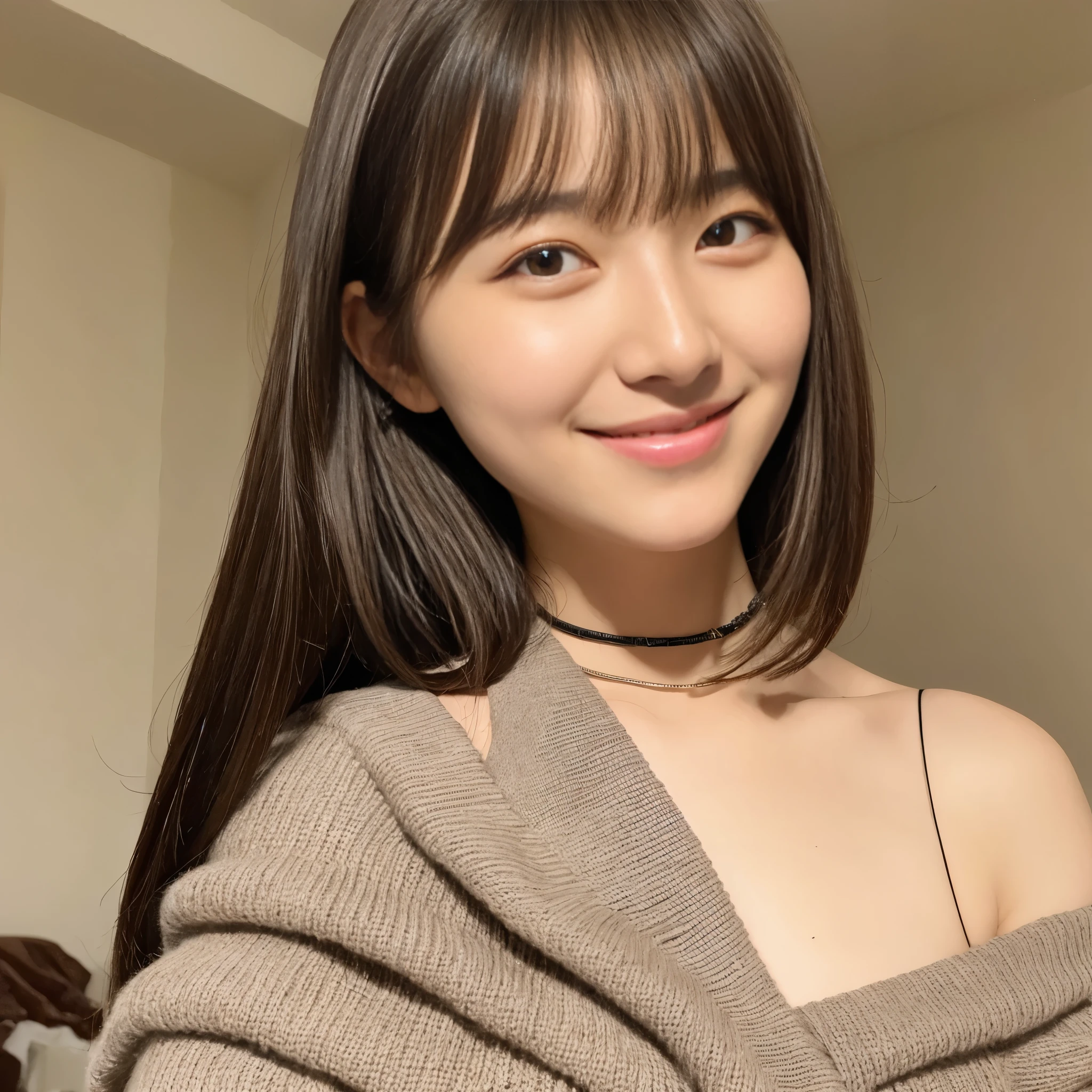 high quality, masterpiece, Ultra-high resolution, Realistic, 1 female, Sloping shoulders, knitting, Smile, Smile, slightly visible, Oversized_sweater, Soft lighting, detailed skin, Bangs, black hair, Clear eyes, short bob, transparency, [Japan, [Korean language, beautiful woman, Upper Eye, Lip Gloss, Black thick choker, teardrop, Mole on chest, Eyes are bright