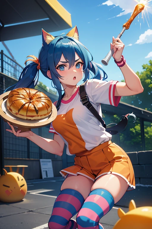 (running at full speed, followed by fat bakers jumping on her to hit them with baguette), girl with a beautiful face, black and pink hair, defined details, messy school clothes, looking at the camera, "Generate an illustration in a style that blends organic shapes with geometric patterns, emphasizing vibrant colors and dynamic compositions." (fat bakers running and grotesquely sweating)