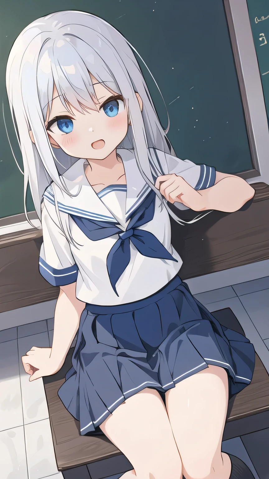 cute girl, anime, silver hair, straight hair, blue eyes, (young:0.9), (small bust:0.5), (cute:1.3), (middle bust:0.8), (cute girl:1.2), cowboy shot, cute, side shot, (Smail:1.3), open mouth, backwards, (sit down:1.4), (white school uniform:1.6), (dark blue skirt:1.5), (Low angle:1.4), close eyes, (seduce:1.4), open leg, o-face, (show panties:1.2), to cross legs, Navy blue socks