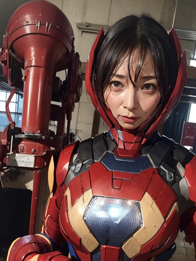 Please redeem　8k red armor　Iron Man Suit　Middle-aged woman　　Sweaty face　　short hair　　Steam coming out of my head　My hair is wet with sweat　Black Hair　　Only the face is exposed　