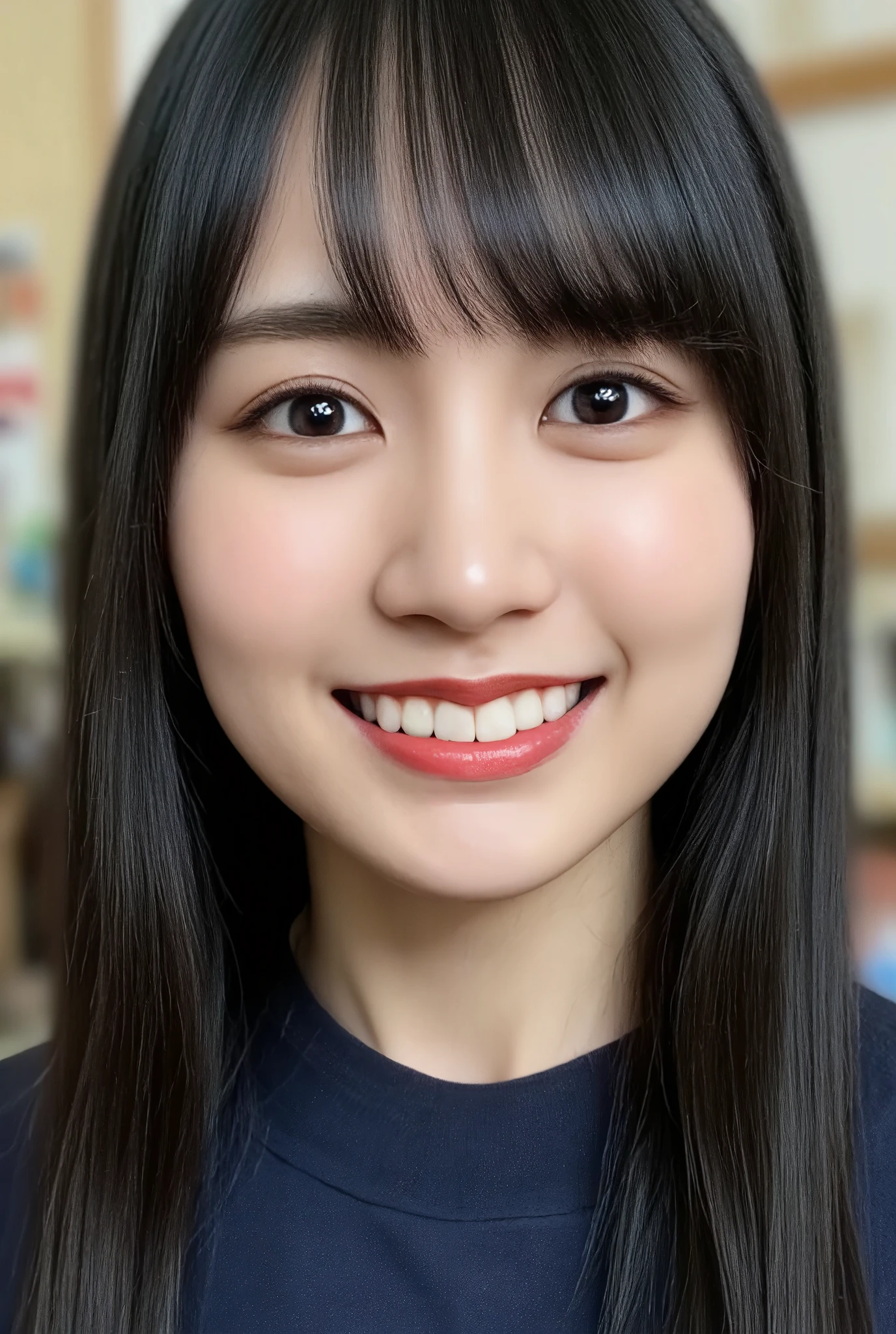 smile, (Best Quality:1.5), (Skin texture and pores:1.7), Sharp focus captures the entire face、Creates natural shadows on the cheeks and forehead, (HDR:1.4), Pores and fine skin details are realistically depicted.、Lighting enhances skin texture (Skin Detail:1.8), The lips have a slight sheen、The natural pink color creates an elegant reflection of light., The hair is realistically expressed.、The background is blurred, giving it a luxurious feel with studio lighting. (Background Blur:1.3)