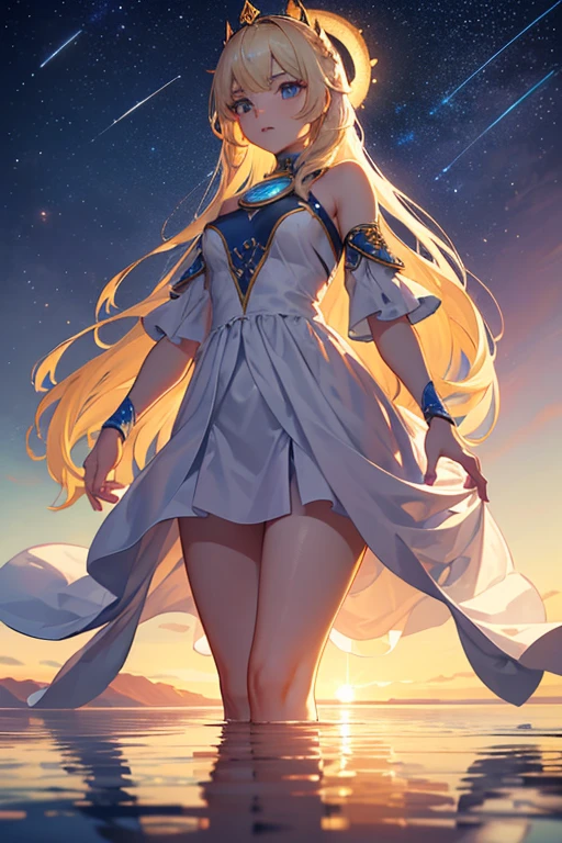 ,((Best quality))),8k,((Masterpiece)),(Extremely refined and beautiful), there is a girl coming out of the sea, a swan princess in Russian mythology, beautiful calm face, blue eyes, long blonde hair braided, the moon braided hair on the back of the head, w...