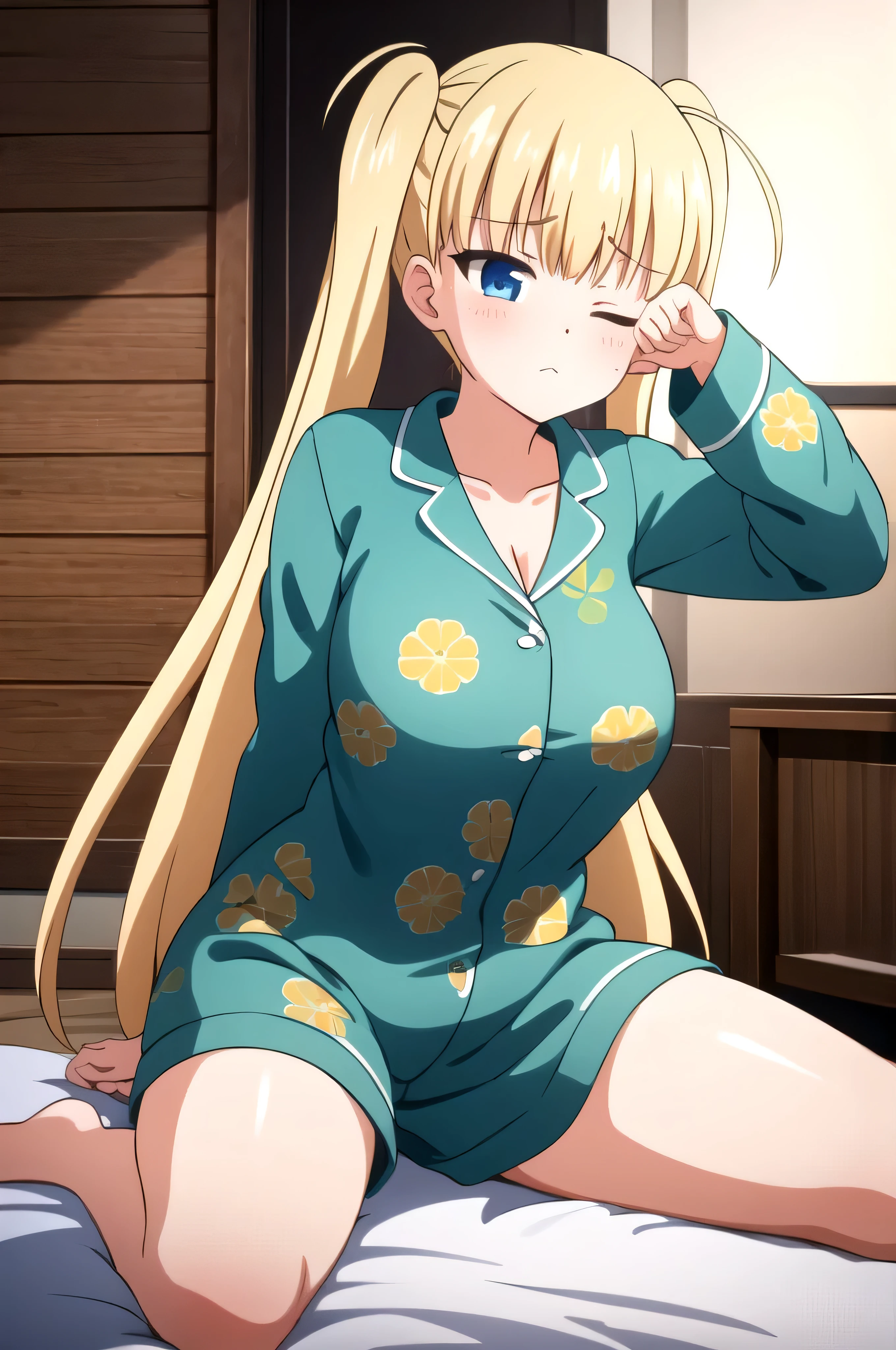 (masterpiece, Best Quality:1.2), absurdities, perfect anatomy, owtech, stylized, solo Airi Akizuki, blunt bangs, Focus only, Soft lighting, (blue eyes), blonde hair, very long hair, twintails, breast, A beautiful and seductive girl, sexy body, living room, sitting on bed, waking up, one eye closed, teary eyes, green pajama, pajama with cat print, wakeupeye, rubbing eyes, cleavage, nipples,