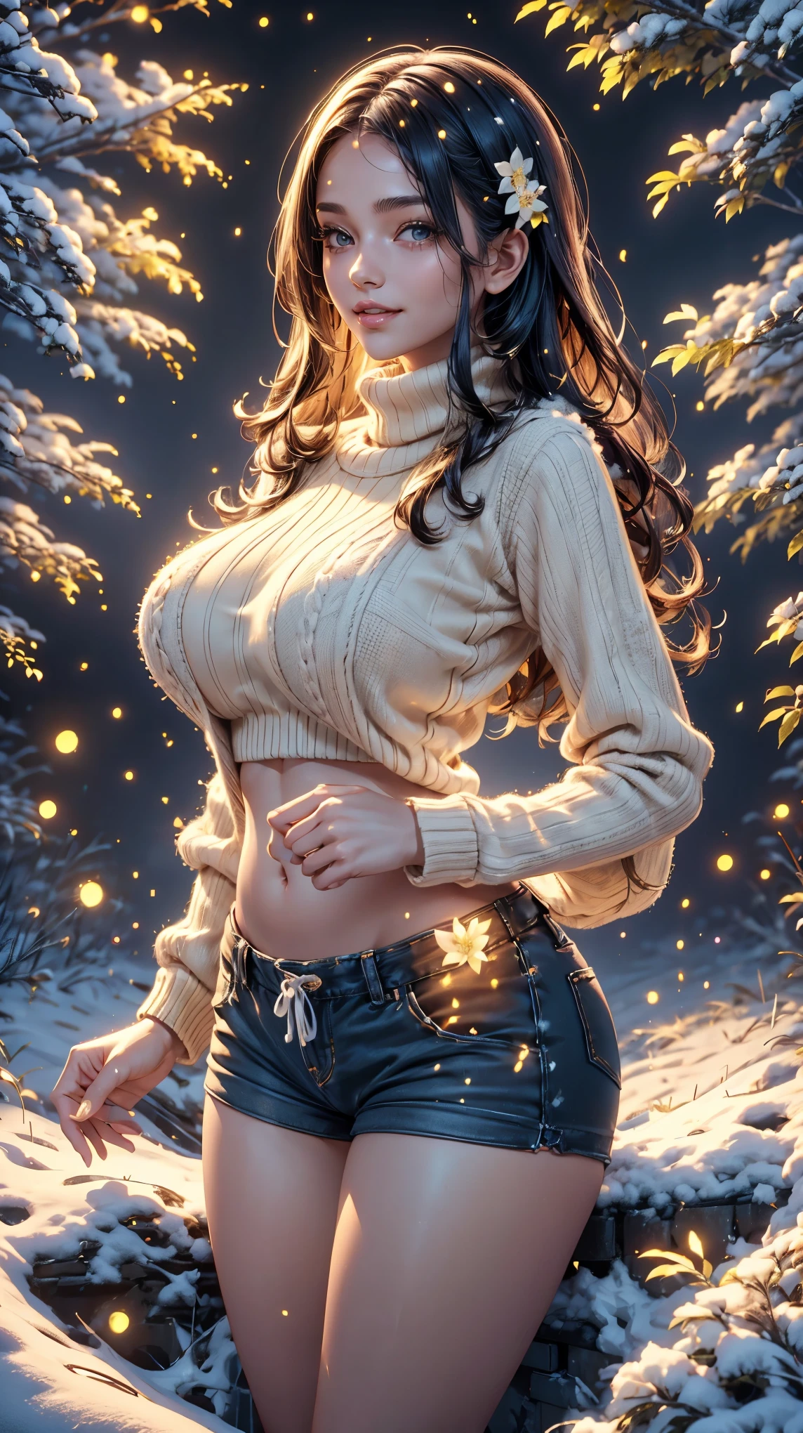 a woman in sweater and shorts, standing in the snow, smiley face smile on face, huge breasts, hot body curves, beautiful flowers around her, buxom, indian super model, photo of slim girl, photo of slim girl, 2 female model, 1 8, beautiful woman body, beautiful sexy woman photo, provocative indian, real trending on instagram image, popular on instagram, featured on instagram, million of likes, buxom, beautiful sexy woman photo, hyper realistic background, removed watermarks, very round, very realistic photograph, trending on instagram, instagram model, only snow in the background, sfw huge breasts, female gigachad