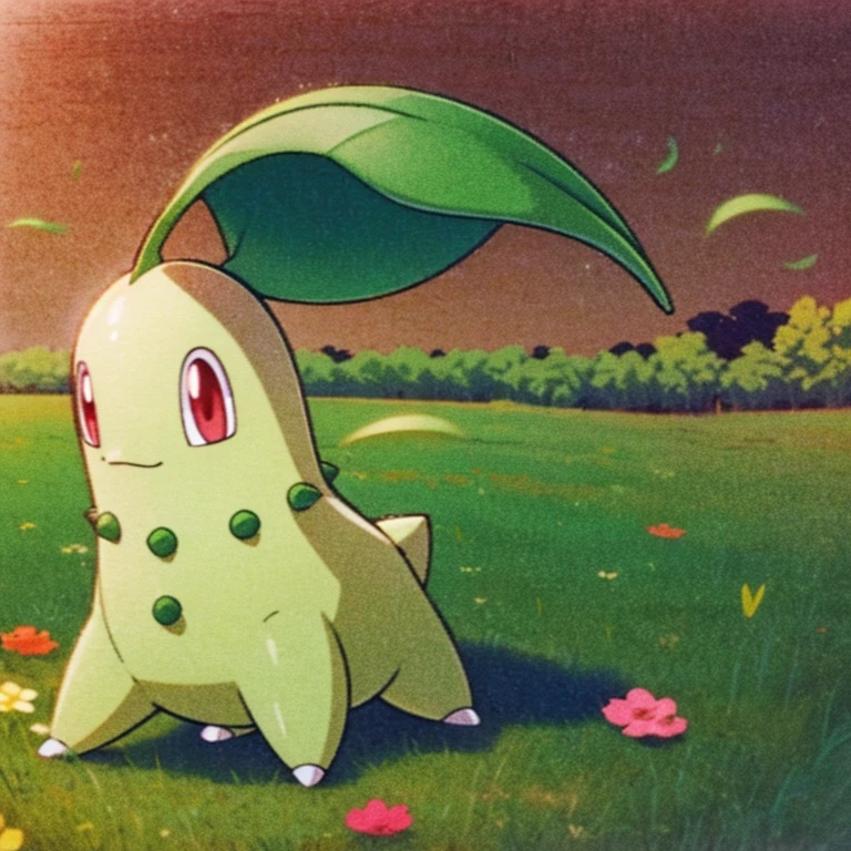 Chikorita, Pokémon, whole body, original pokemon design, standing four legs, Solo, meadow