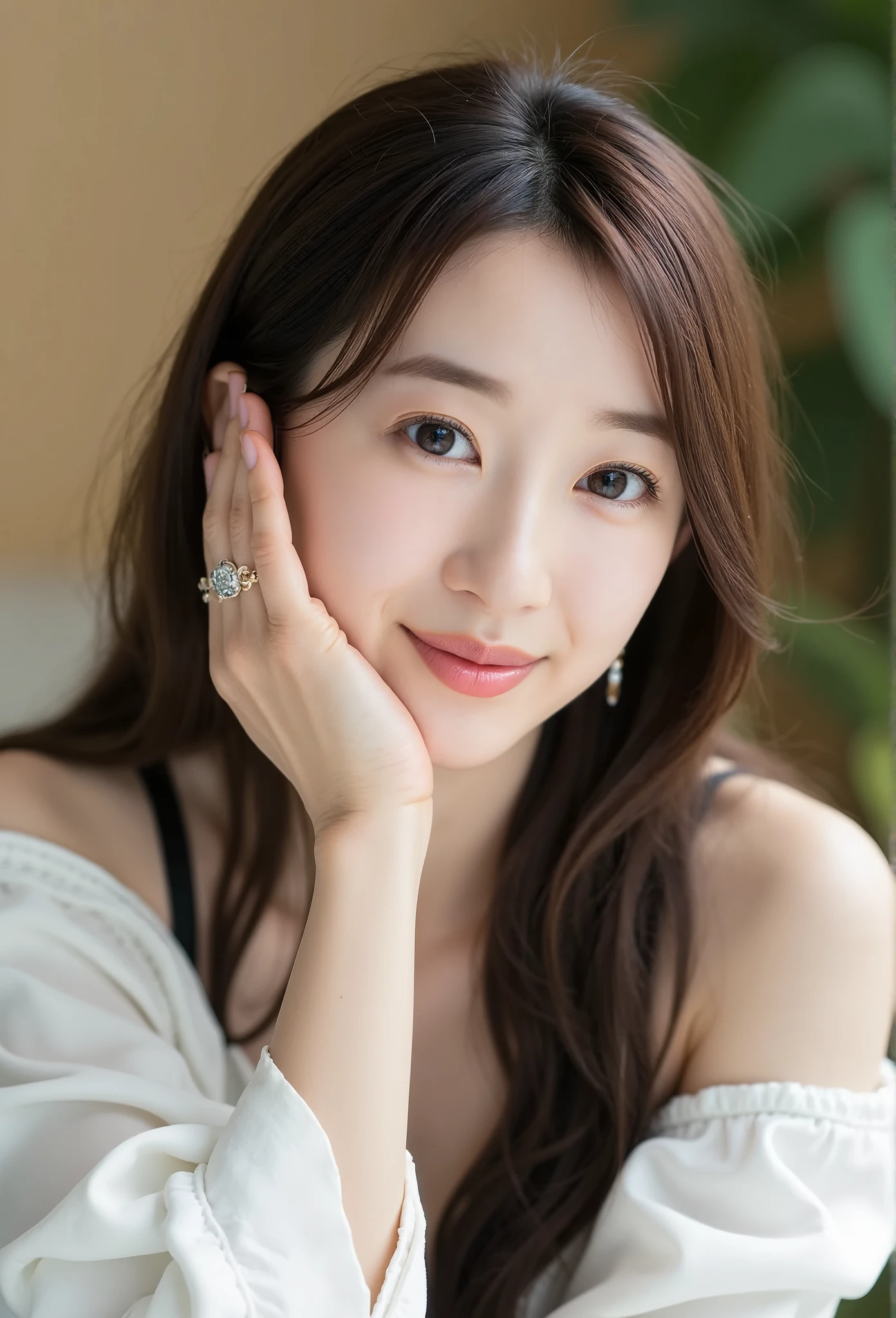 A photo of a young Korean woman with flawless, glowing skin and a soft smile, giving off a warm and friendly vibe. Her long, straight dark brown hair is neatly styled, framing her face and cascading down her shoulders. She is dressed in a casual yet stylish white top with black accents, which subtly highlights her delicate collarbones. Her pose is relaxed as she rests her cheek on her hand, looking directly at the camera with gentle, almond-shaped eyes. She is wearing small, elegant earrings that add a touch of refinement to her appearance. The background is softly lit, with muted tones of beige and light green, creating a calm and cozy atmosphere