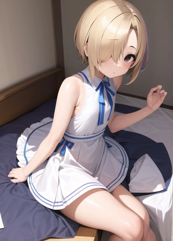 masterpiece, Best Quality, Super detailed, Illustration, One girl, Alone, Staring at the viewer, Shirasaka Koume, Blonde, hair over one eye, short hair, Brown eyes, Flat Chest,Hiding one eye,Hidden right eye, She wore a maid outfit and white tights.、Cute Anime Girl,Long skirt,Apron dress,night,Next to the bed,See-through clothing,Sit on the bed
