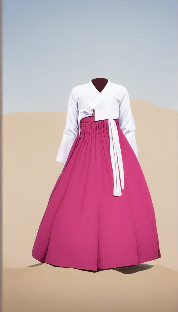 "Create an image of a young Korean girl who is invisible but subtly represented by her surroundings. Show her presence through floating clothing, like a traditional hanbok gently moving in the wind, with footsteps in the sand or leaves parting as she moves. The background could be a peaceful garden or a serene lakeside, hinting at her existence through these small details."