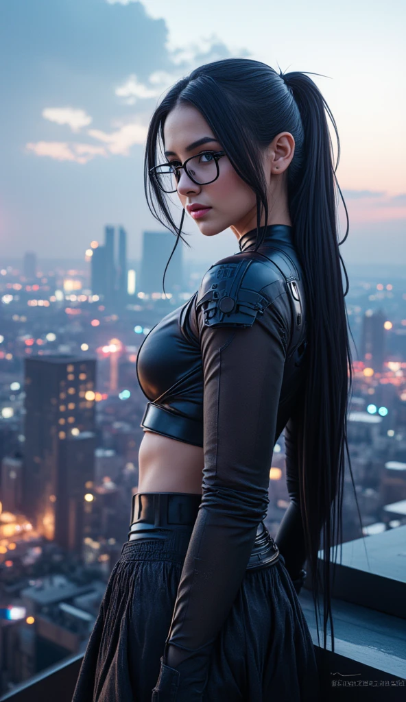 Photorealistic, real photo, god rays, 1girl, black hair, long straight hair, ponytail, blue eyes, large breasts, square glasses, tight bodysuit, cropped jacket, cyb0rg, science fiction, cable, mechanical parts, rooftop, cyberpunk city skyline, flying vehicule, neons,