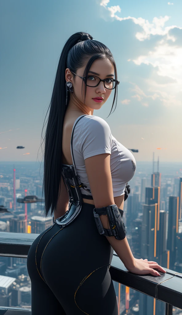 Artistic photograph of a beautiful glasses woman wearing nothing, sitting on a building at cyber city in cyberpunk, skyscape, daylight, leaning foward, smile face look,saggy big boobs, large breast, french Braid black hair, volumetric lighting, cheerful atmosphere, close up portrait, high angle shot