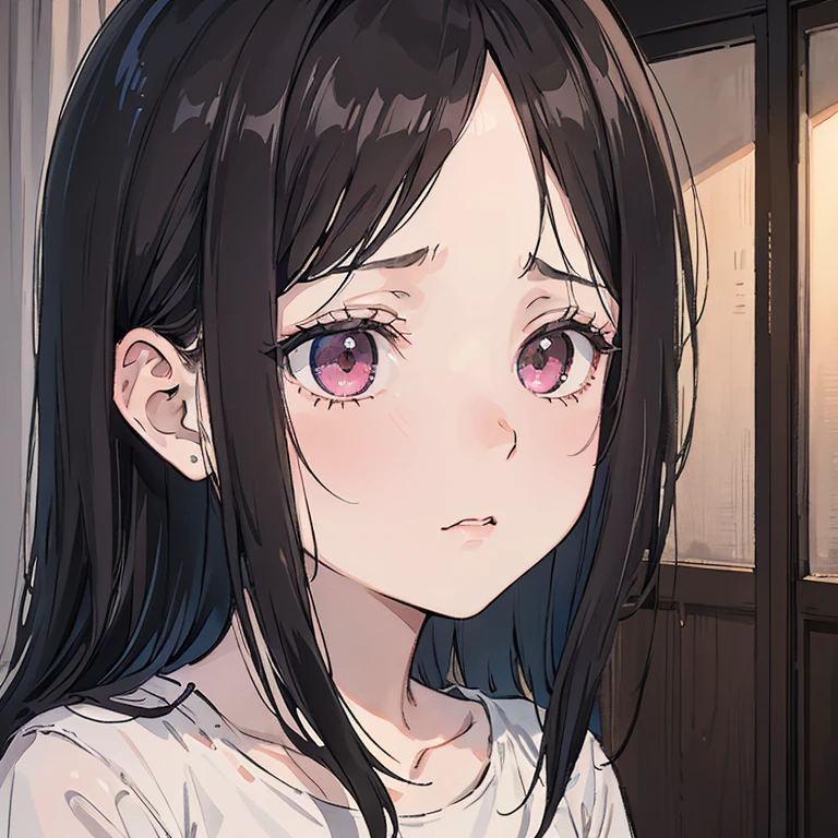 Girl, depressed, black hair, curtain bangs, forehead, horror, light skin, poker face, eerie, {HD}, dark apartment room, stalker, weirdo, lonely, bored