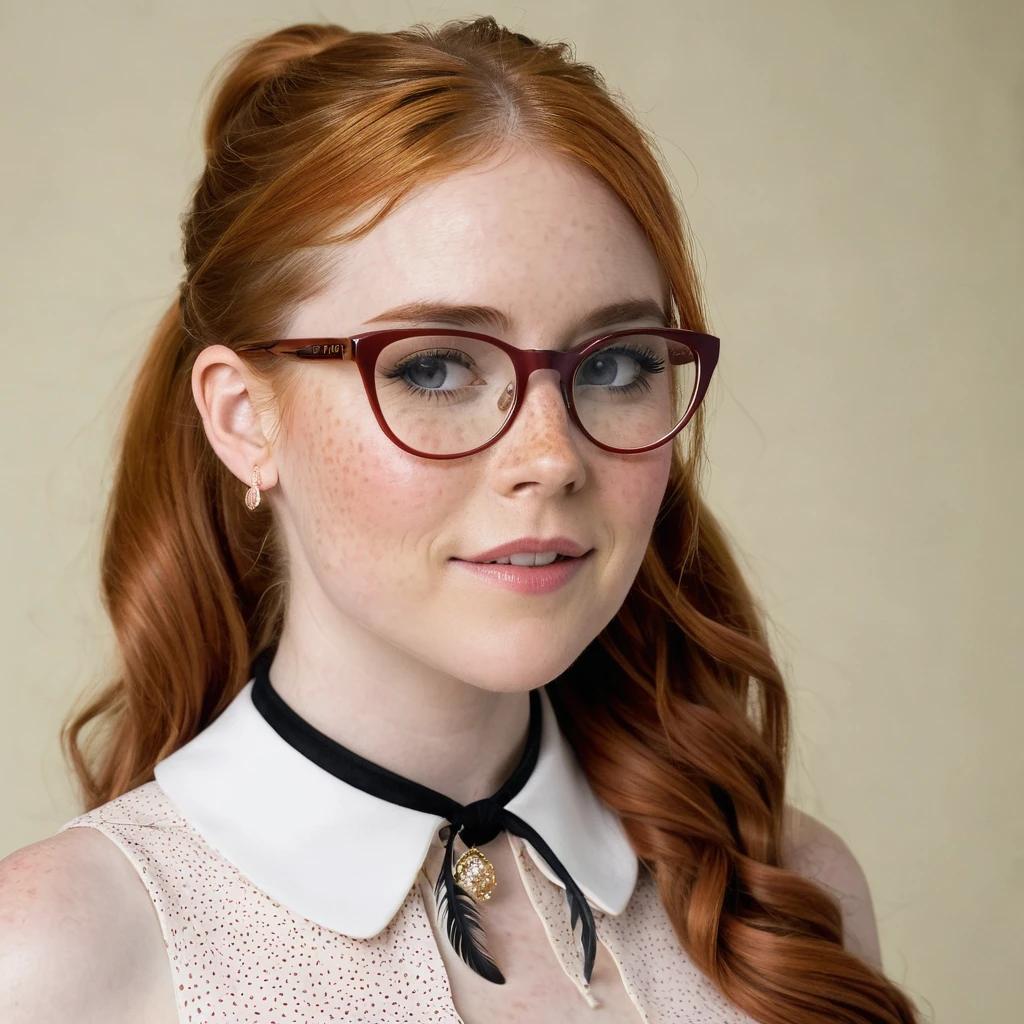 Penny pax redhead ling hair braids ponytail glasses blushing dark eyes mascara eyeshadow collar pvc bodysuit