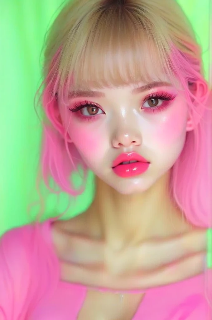 (detailed), studio lighting, hyper detailed, realistic portrait, Perfect Face.1 teenage girl, 、Blue eyes with well-defined double eyelids and long eyelashes, in the white girly dressroom backdrop, realistic face, detailed skin, Blonde long bob hair with pink ends 、bangs covering forehead, extremely detailed lips, large mouth, full, plump, glossy light pink lips, natural-looking makeup, transparent lip gloss, with off-shoulder tops, photorealistic, ((Best Quality)), ((masterpiece)), high quality, 8k, masterpiece