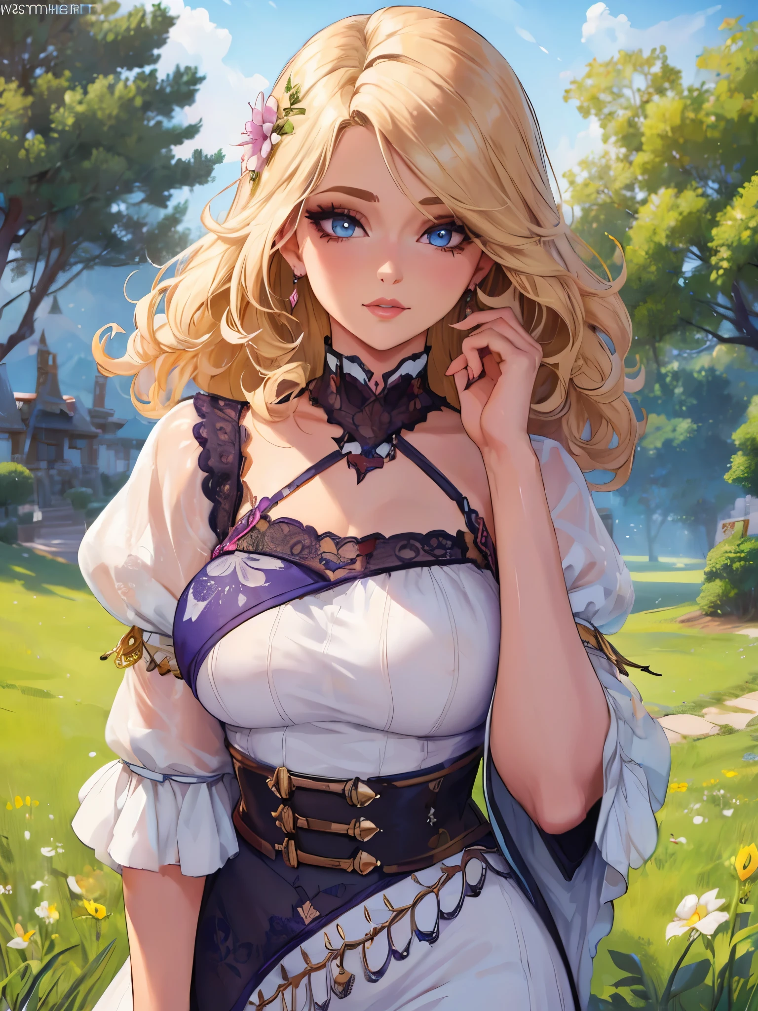 (masterpiece:1.2), (best quality:1.2), perfect eyes, perfect face, perfect lighting, 1girl, mature female in a field, medium blond hair, curly hair, detailed clothes, detailed outdoor background, makeup, eyeshadow, thick eyelashes, fantasy, looking at the viewer, spring