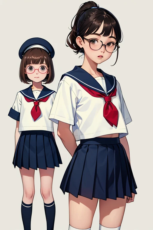 high quality、High resolution、masterpiece，Detailed Background、Very small teenage girl，Chibi，(Two Girls:1.5)、Brown Hair、baby face，Glasses，Bobcut、ponytail、Flat Chest:1.3、Very short stature，Very thin thighs，Brightly colored sailor suits、Navy blue pleated mini skirt、White knee-length socks、loafers，belly button，Floral embroidered panties for girls、Floral embroidered bra、She looked happy and showed me her panties.，Laugh playfully、smile、Small and cute，lift，school bag，Cunning gestures，Holding a big teddy bear，Precisely detailed cute teddy bear，
In preparation 