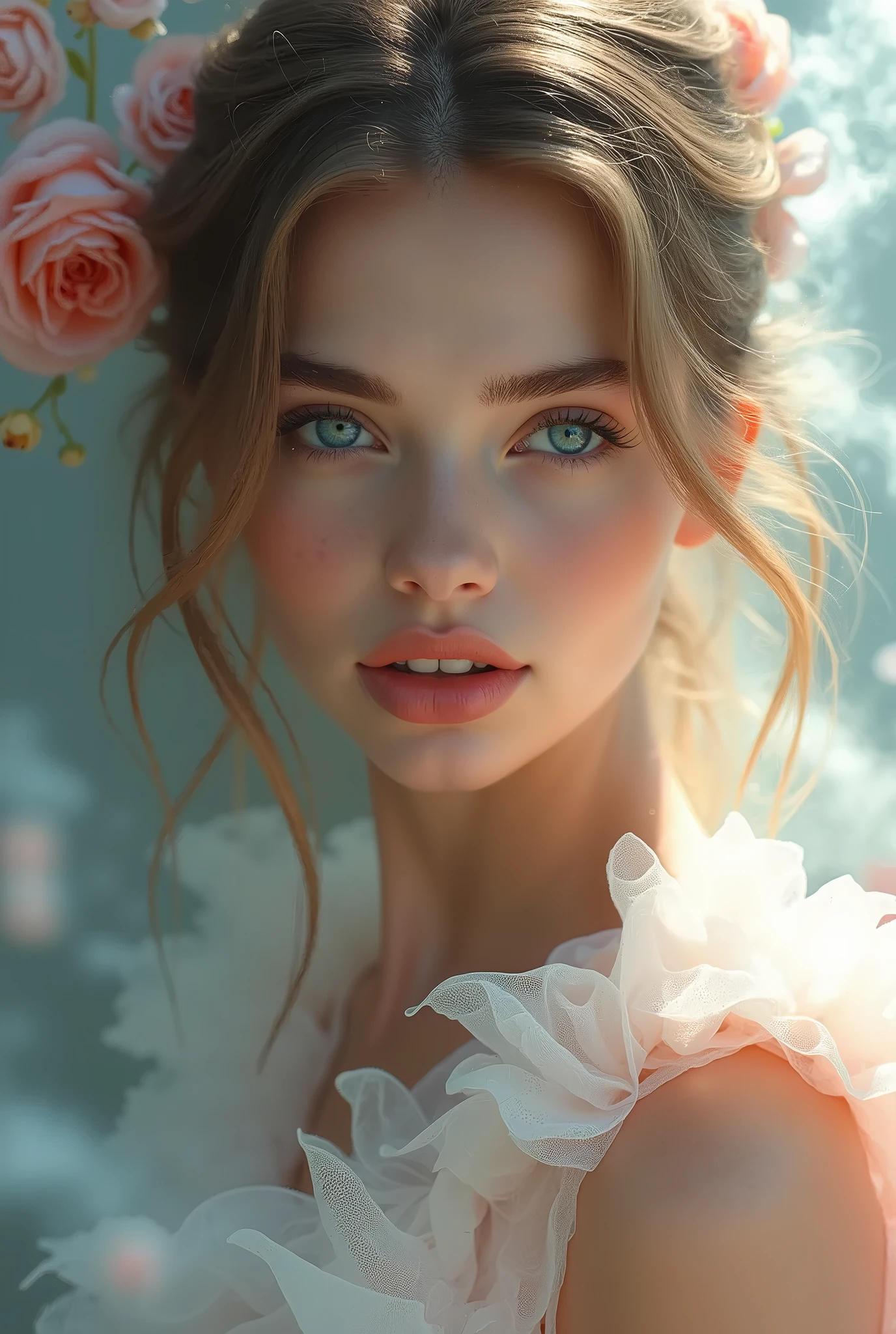 Arafed woman with a flower in her hair and a pink dress - SeaArt AI