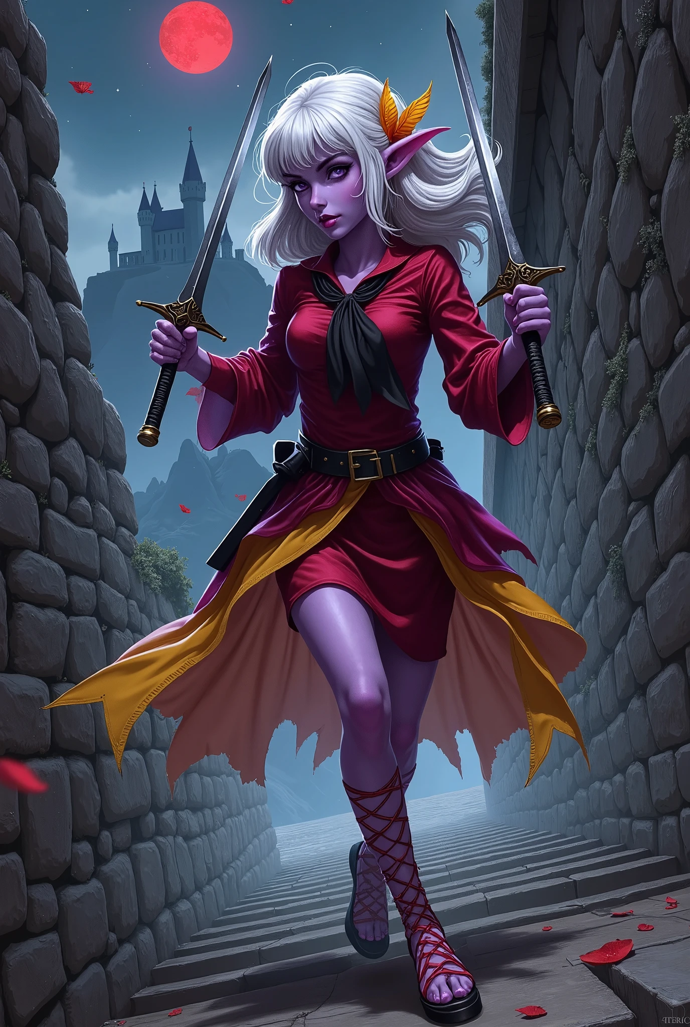 (Ultra-detailed face, Looking away, Fantasy Illustration with Gothic, Dark tone colors, View from below), BREAK 
(The dark elf woman runs down the stairs from the walled corridor of the old castle in a bold pose and with great aplomb. She holds two shining pale swords in both hands, crossed and held in an X shape.), BREAK 
(A young-aged dark elf woman with pure white hair and eyebrows, blunt bangs, Dumpling disheveled hair, small pink lips, dark-purple color skin, lavender pupils, thick dark eyeliner around her eyes.), BREAK 
(The dark elf woman wears a hair ornament with bright parrot feathers and a large black ribbon tie. She wears a smock dress of deep red draped silk over sheer yellow organdy. She wears lace-up sandals with thin crimson laces woven into them.), BREAK 
(A small red moon and twinkling stars illuminate the area. This is a country famous for the legend of Dracula in medieval Eastern Europe. Dracula's castle, a thorny silhouette on a steep rocky hill, is visible in the black shadows.)