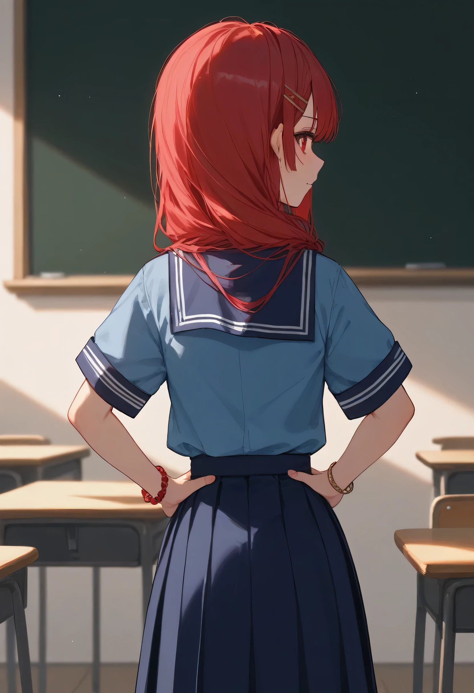 (Best Quality),One Woman,(((Long straight hair)))、hairpin,Blue Sailor Suit,１４age,Hands on hips,Rear view、Red Hair、anime、Blue Skirt、Blue Shirt、School classroom,blackboard、Red gemstone bracelet around neck、(((Hair length down to the waist))),(((Right eye is yellow、Left eye is red)))