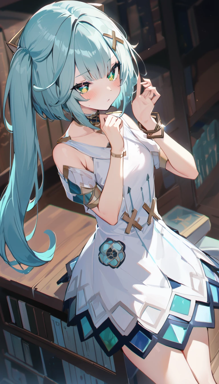 One girl, Alone,Farzan,Faruzan, Aqua Hair, Straight bangs, Twin tails, x Hair Accessories,Hair between the eyes, Hair Accessories, Long Hair, (Green Eyes:1.5), ((Symbol-shaped pupil:1.5)), ((Triangular pupil:1.5)), bangle, , Bare shoulders, bracelet, dress, jewelry, Short sleeve, Shiny clothes, whole body, library, (masterpiece:1.2), (masterpiece, Best Quality:1.2),(Perfect hands, perfect anatomy)、fancy