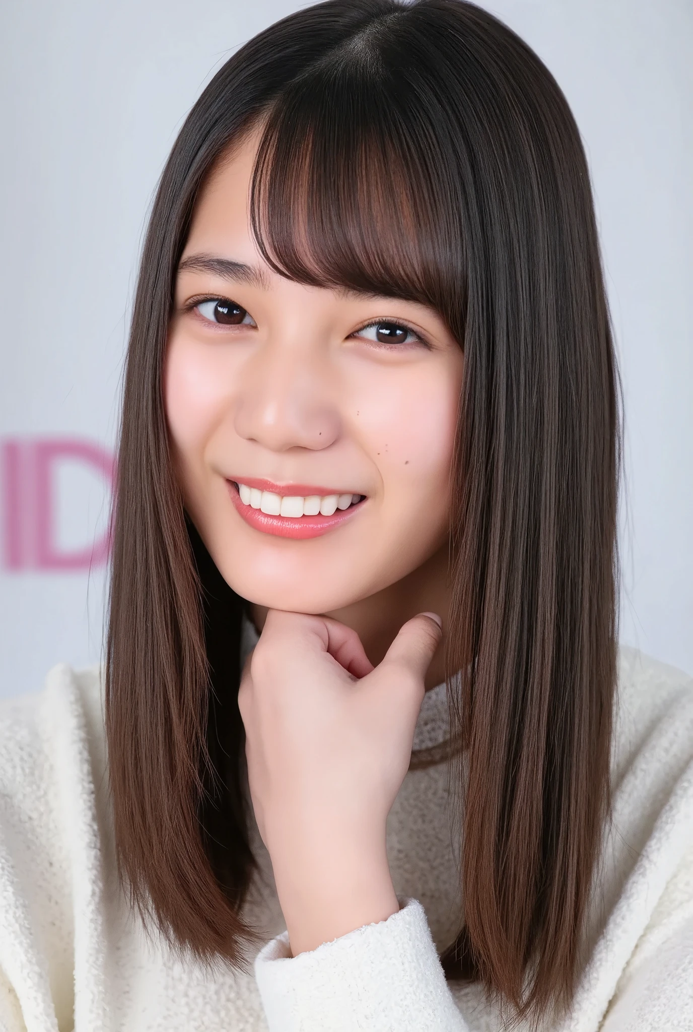smile, (maximum quality HDR:1.5), (Realistic skin detail:1.8), (Lighting Effects:1.6), The light hits the face evenly、Reveals skin texture (Pores and light details:1.7), Natural wrinkles and texture of the skin are enhanced、The shadows on the cheeks are depicted realistically. (Skin Texture:1.8), Lips are naturally pink、The gloss reflects finely (Light reflection on lips:1.3), There's light in your eyes、Sharp details in the iris (Eye Reflexes:1.5), The background is blurred studio lighting、The face appears clearly in front of me (Background blur:1.4)