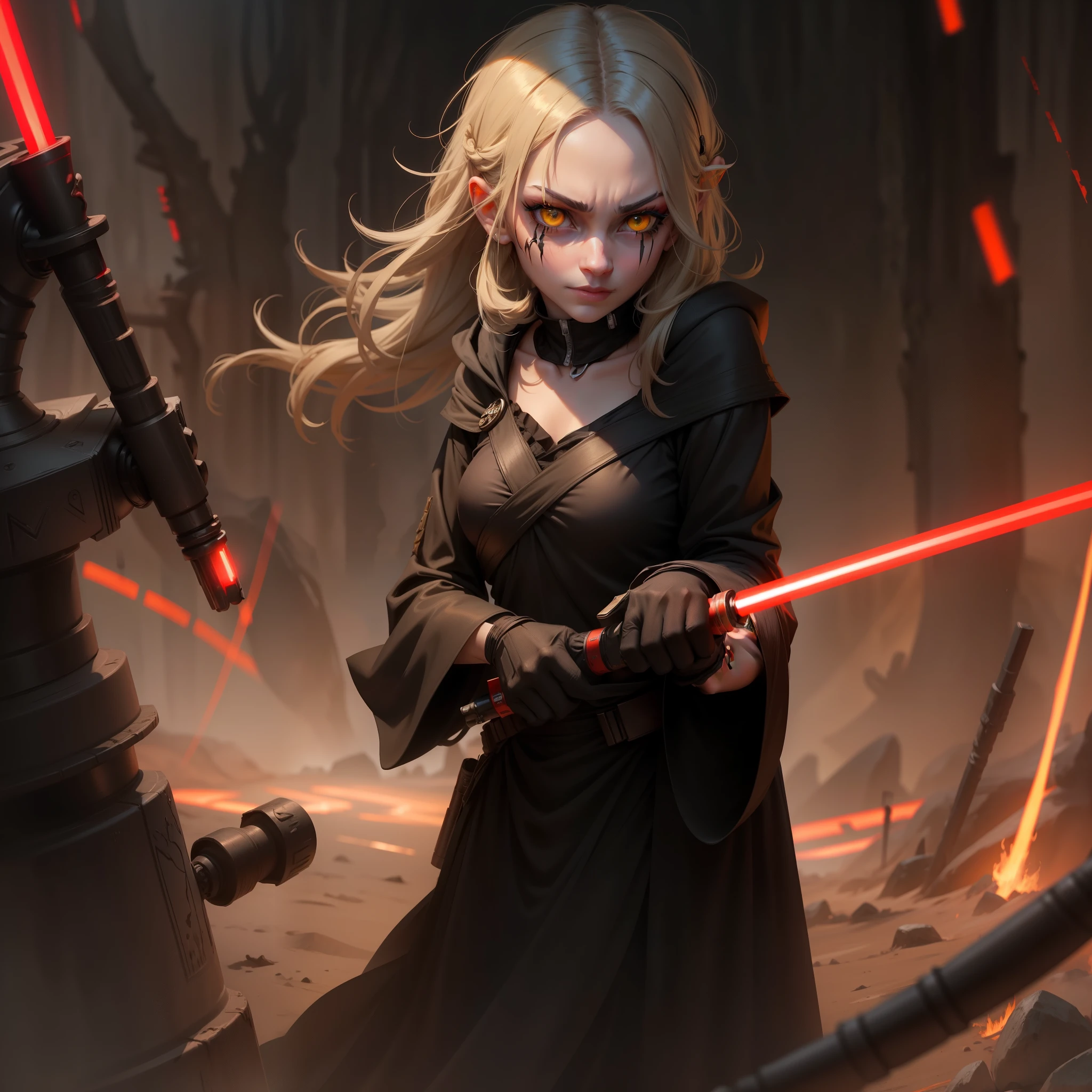 Sith yellow eyes, black eye shadow, mischievous expression