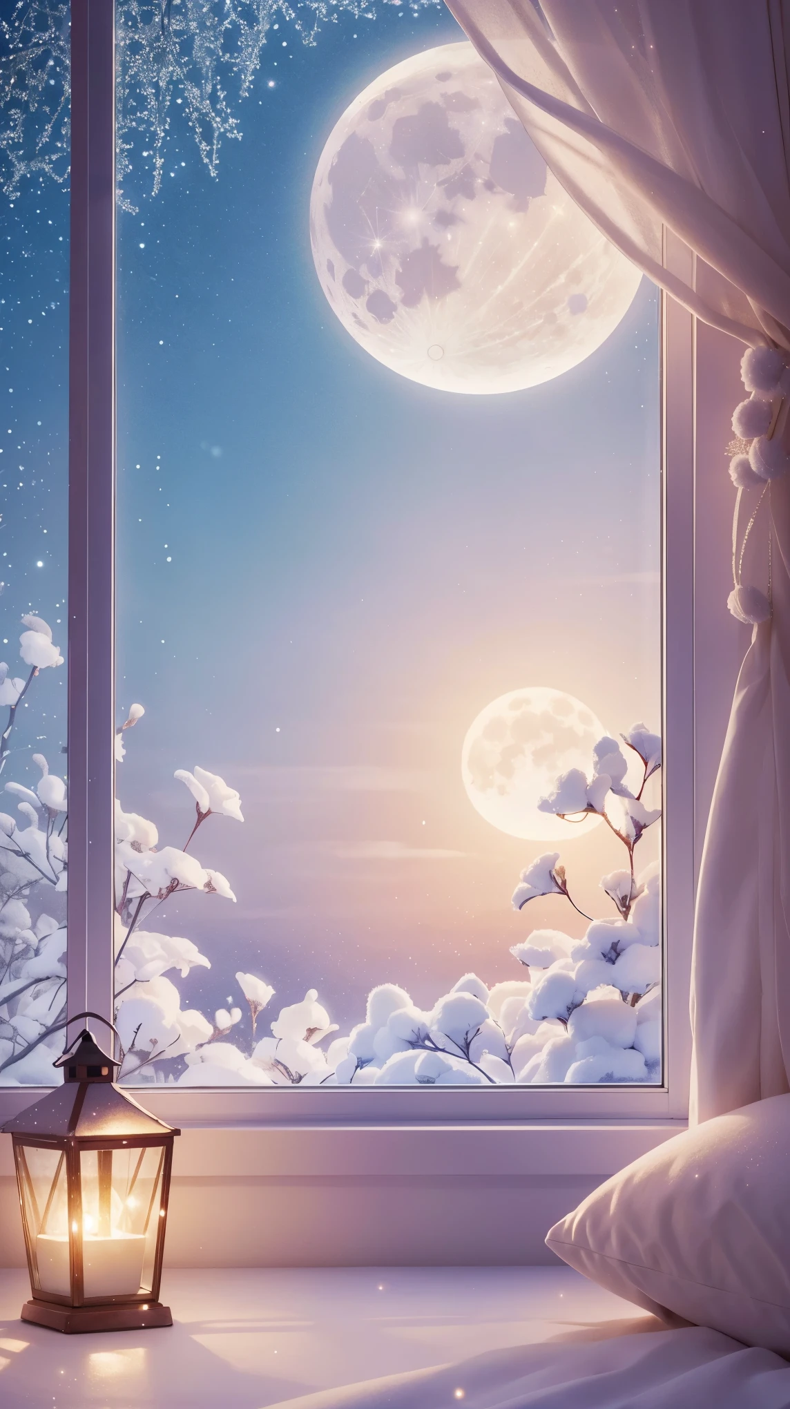 (Best quality:1.2), aesthetic lo-fi minimalist scene, winter, holly flower, window, moon, light bokeh, in soft colors, glitter, dynamic side angle, natural soft lighting, 8k resolution, illustration