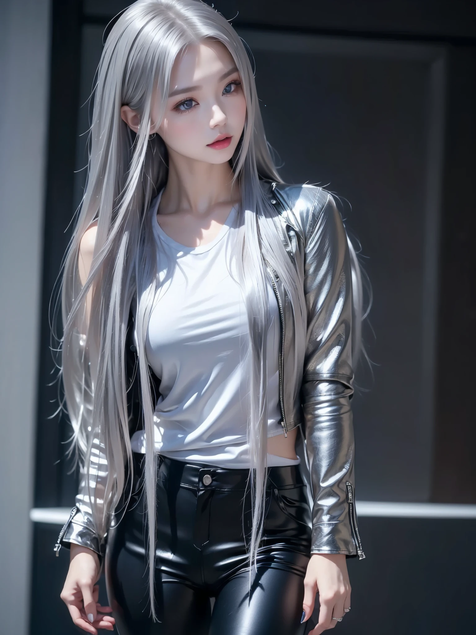 (Long silver hair:1.5),White Skin, (Wearing a blue leather jacket、Wearing tight black pants;1.3), View from the front, Waist up shot, singer,Singing Pose, Ambient Lighting, Photorealistic, Intricate facial details, Exquisite handcrafted details, Very detailed, Vibrant colors, cinematic, High resolution, Trending Styles on Artstation Raw