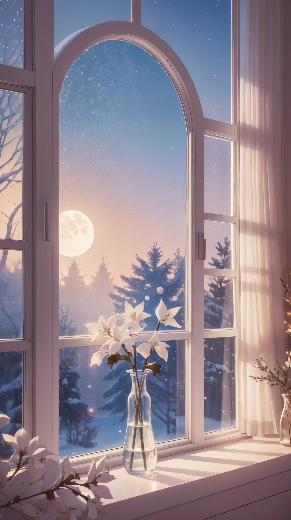 (Best quality:1.2), aesthetic lo-fi minimalist scene, winter, holly flower, window, moon, light bokeh, in soft colors, glitter, dynamic side angle, natural soft lighting, 8k resolution, illustration