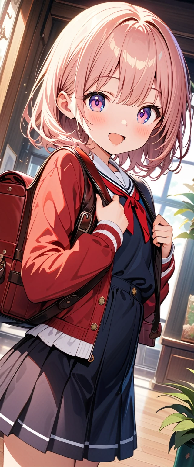 Very cute、(Super detailed)、Best Quality、8k、One Girl、Dynamic Angle、smile、Noise Reduction、High resolution、Super detailed、Game CG、Dutch Angle、Beautiful fine details、Visual Arts、Five fingers、Perfect hands、Standing、Red School Bag、Very short、Private Server、Baby Face、Top view angle