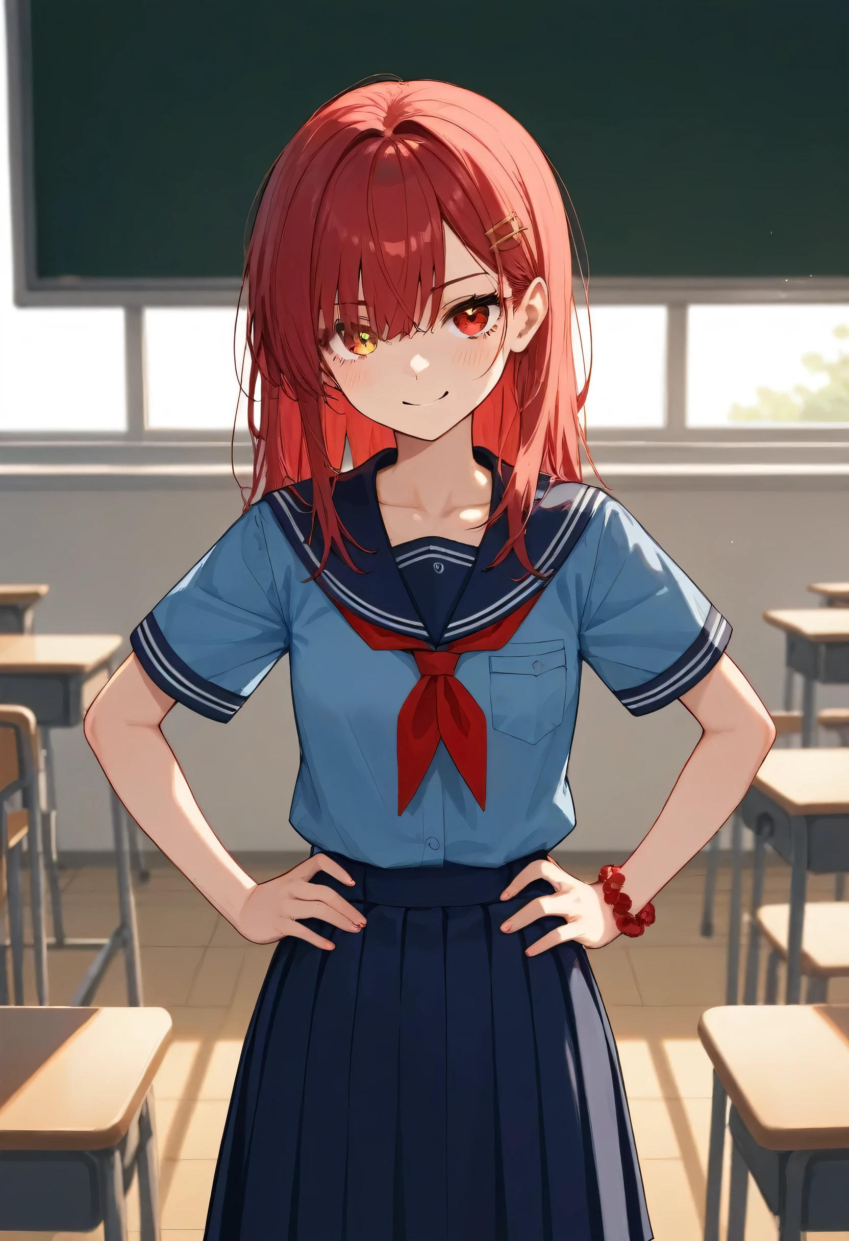 (Best Quality),One Woman,(((Long straight hair)))、hairpin,Blue Sailor Suit,１４age,Hands on hips,Mischievous Smile、(((slouch))),Red Hair、anime、Blue Skirt、Blue Shirt、School classroom,blackboard、Red gemstone bracelet around neck、(((Hair length down to the waist))),(((Right eye is yellow、Left eye is red)))