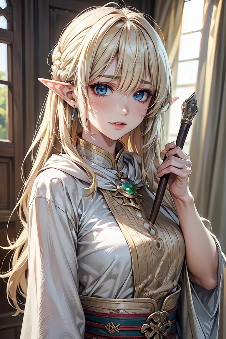 sacred Elegant elf woman,  blue eyes, blonde hair, soft light, hd. resolution, high quality, beautiful cg (i hold the legendary japanese sword) in (the upper position) with buth hands.