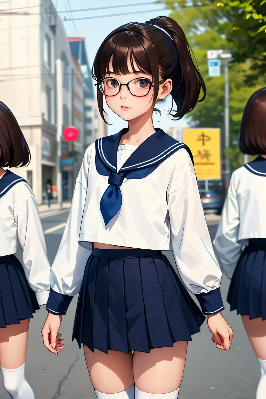 Best Quality、High resolution、Detailed Background、Very young very small teenage girl、Chairman，(Two girls:1.5)、Brown Hair、baby face，Glasses，Bobcut、ponytail、Flat Chest:1.3、Very short，Very thin thighs，Brightly colored long-sleeved sailor uniform、Navy blue pleated mini skirt、White knee-high socks、，Children&#39;s floral embroidered panties、Floral embroidered bra、She showed me her panties with a happy look on her face...，Laugh playfully、smile、Small and cute，lift，school bag，autumn leaves，Autumn evening，Cunning gestures，Girl&#39;s Temptation，