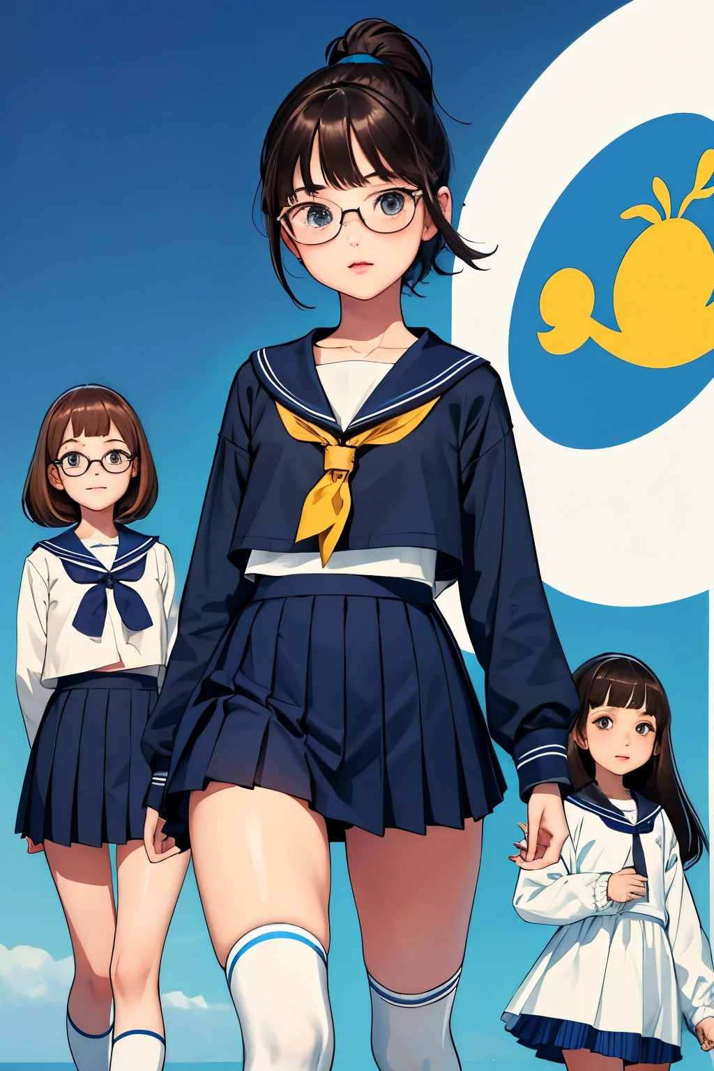 Best Quality、High resolution、Detailed Background、Very young very small teenage girl、Chairman，(Two girls:1.5)、Brown Hair、baby face，Glasses，Bobcut、ponytail、Flat Chest:1.3、Very short，Very thin thighs，Brightly colored long-sleeved sailor uniform、Navy blue pleated mini skirt、White knee-high socks、，Children&#39;s floral embroidered panties、Floral embroidered bra、She showed me her panties with a happy look on her face...，Laugh playfully、smile、Small and cute，lift，school bag，autumn leaves，Autumn evening，Cunning gestures，Girl&#39;s Temptation，