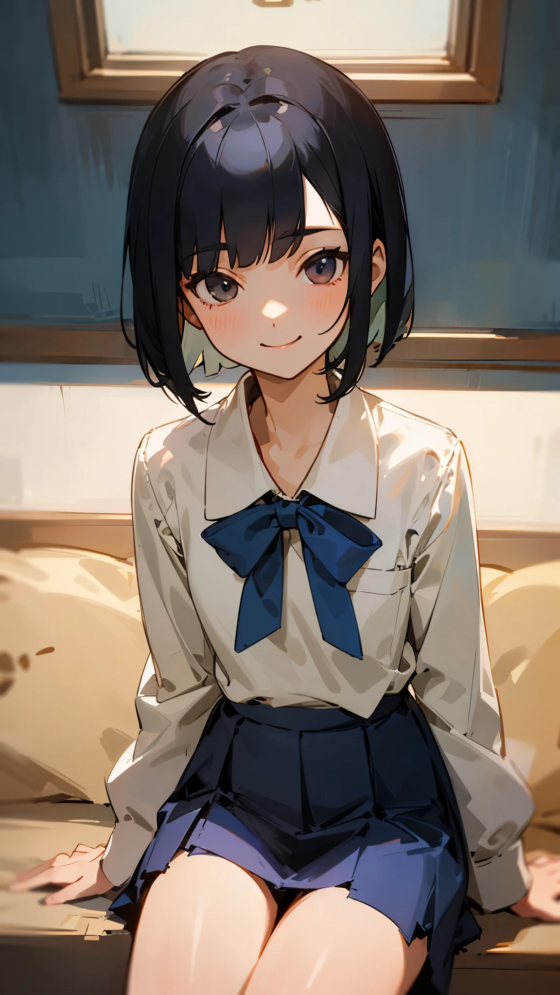 1 girl、Shiny black hair、Short Bob、A gentle and calm look、Delicate portrait、Student Uniform、Sitting、Cowboy Shot、smile、Blue Skirt、indoor,Depth of written boundary:1.2、Sharp contours