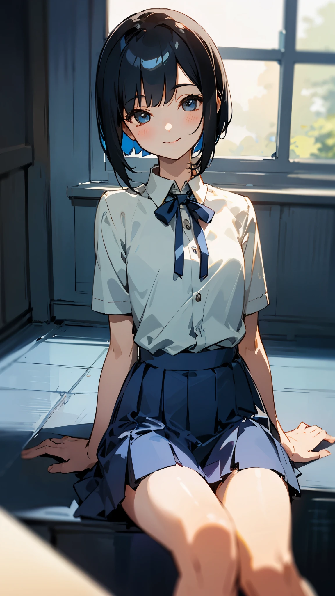 1 girl、Shiny black hair、Short Bob、A gentle and calm look、Delicate portrait、Student Uniform、Sitting、Cowboy Shot、smile、Blue Skirt、indoor,Depth of written boundary:1.2、Sharp contours