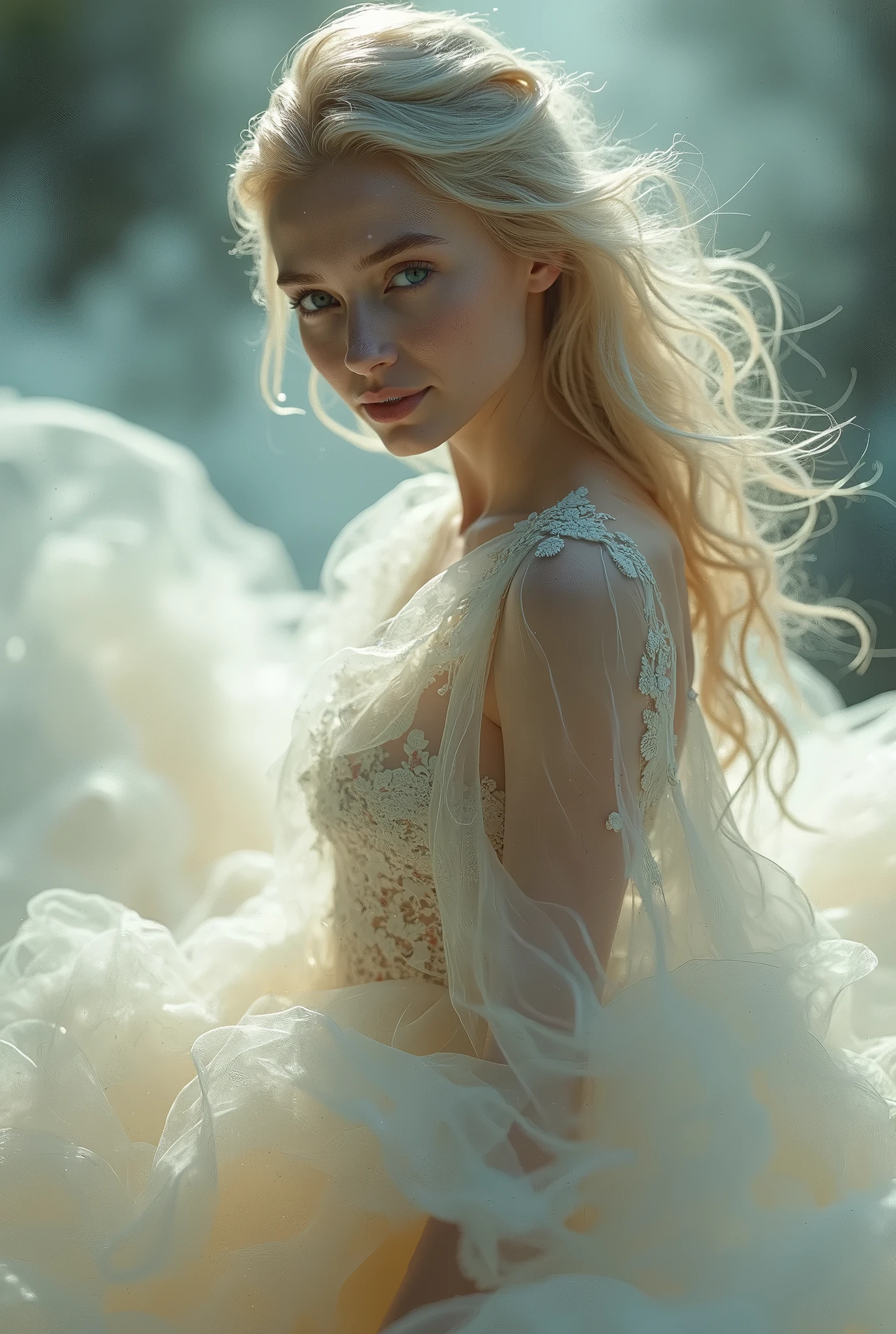 "A captivating, divine being with cascading silver locks, elegantly draped in a flowing gown, gracefully gliding up in the air like magic, floating above an enraptured audience, showcasing her modeling expertise on a grand catwalk."